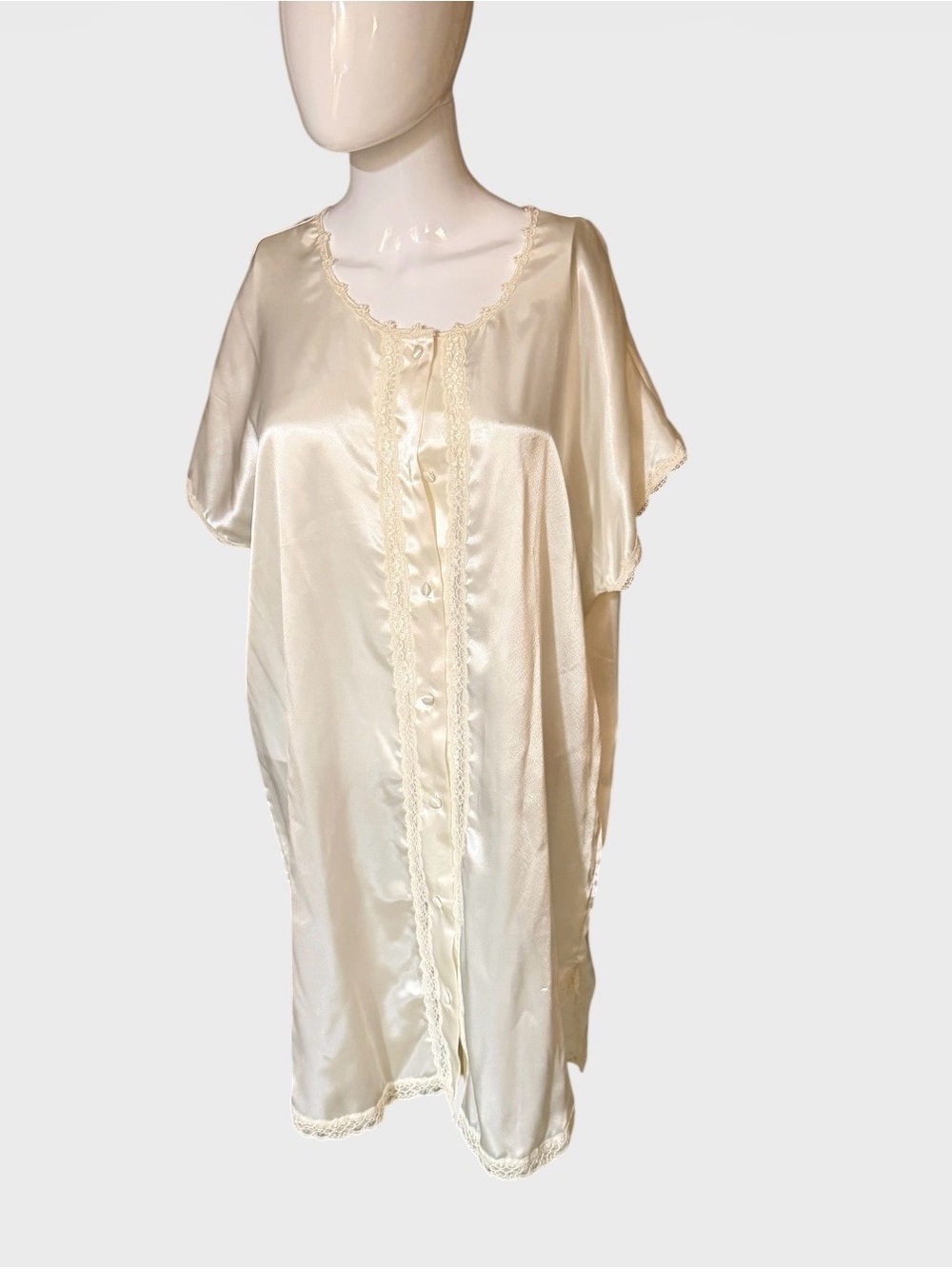 Adonna Cream Satin Button-Front Chemise with Lace Trim